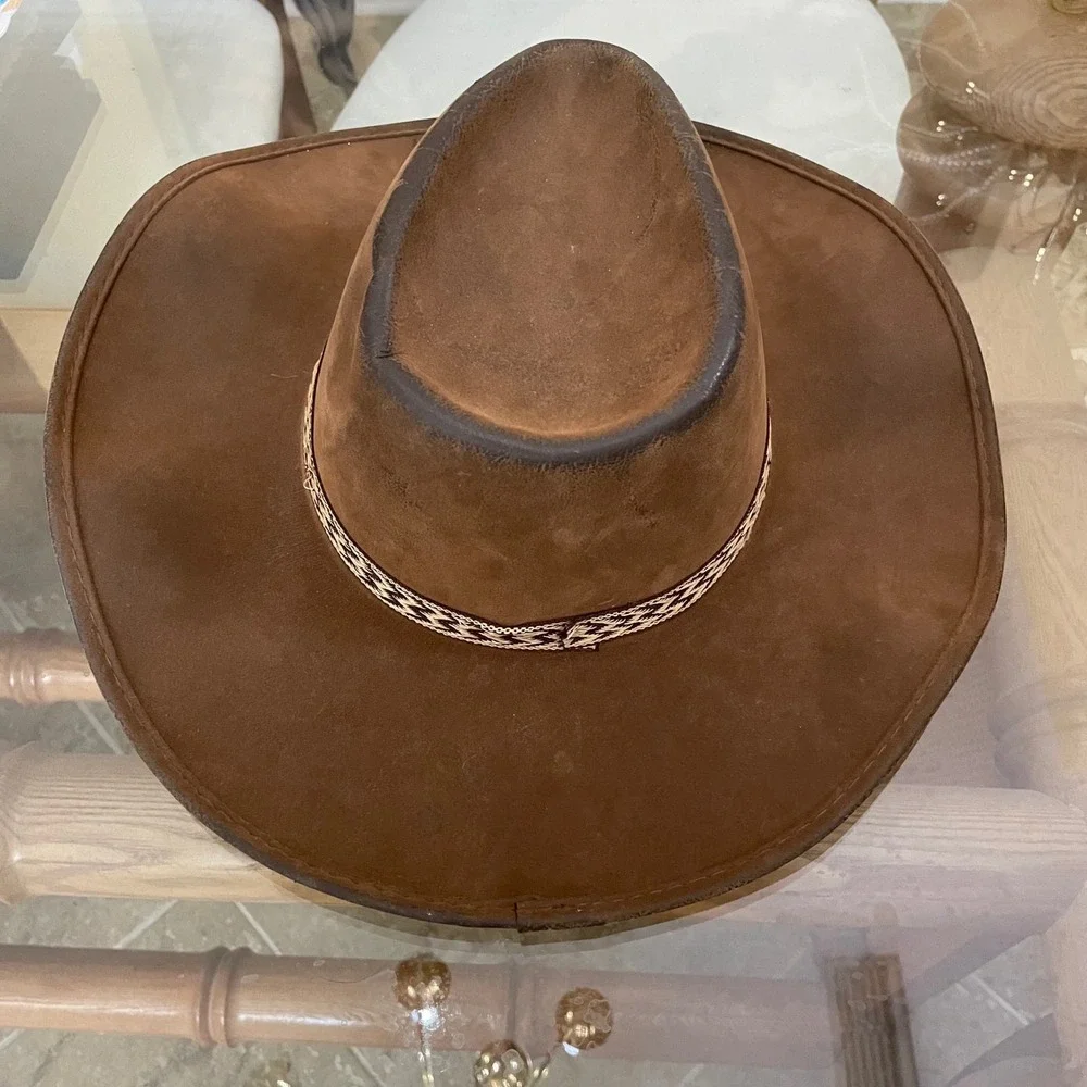 Vintage Brown Faux Suede Cowboy Hat Western Outback Wide Brim Woven Band